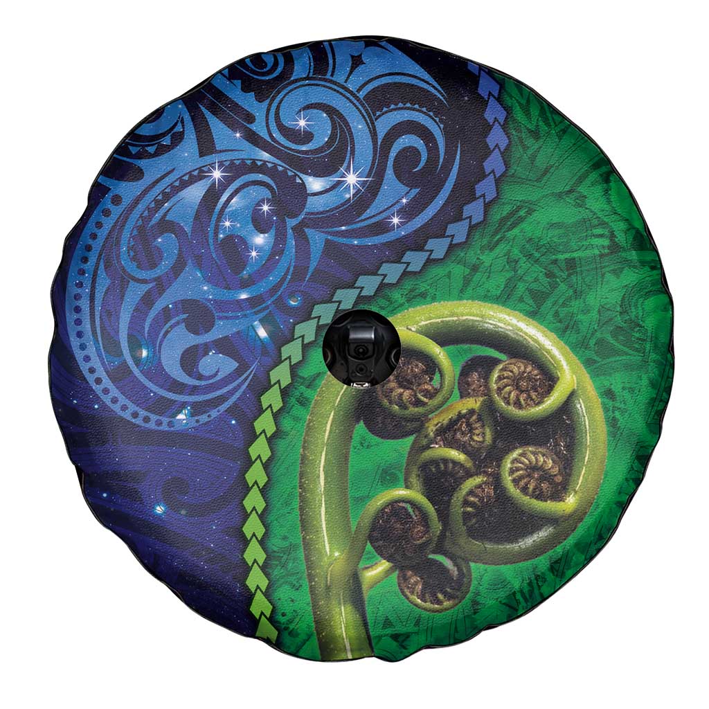 New Zealand Matariki Fern Frond Koru Spare Tire Cover with Galaxy Blue Sky and Green Paua Shell Art LT03 - Polynesian Pride