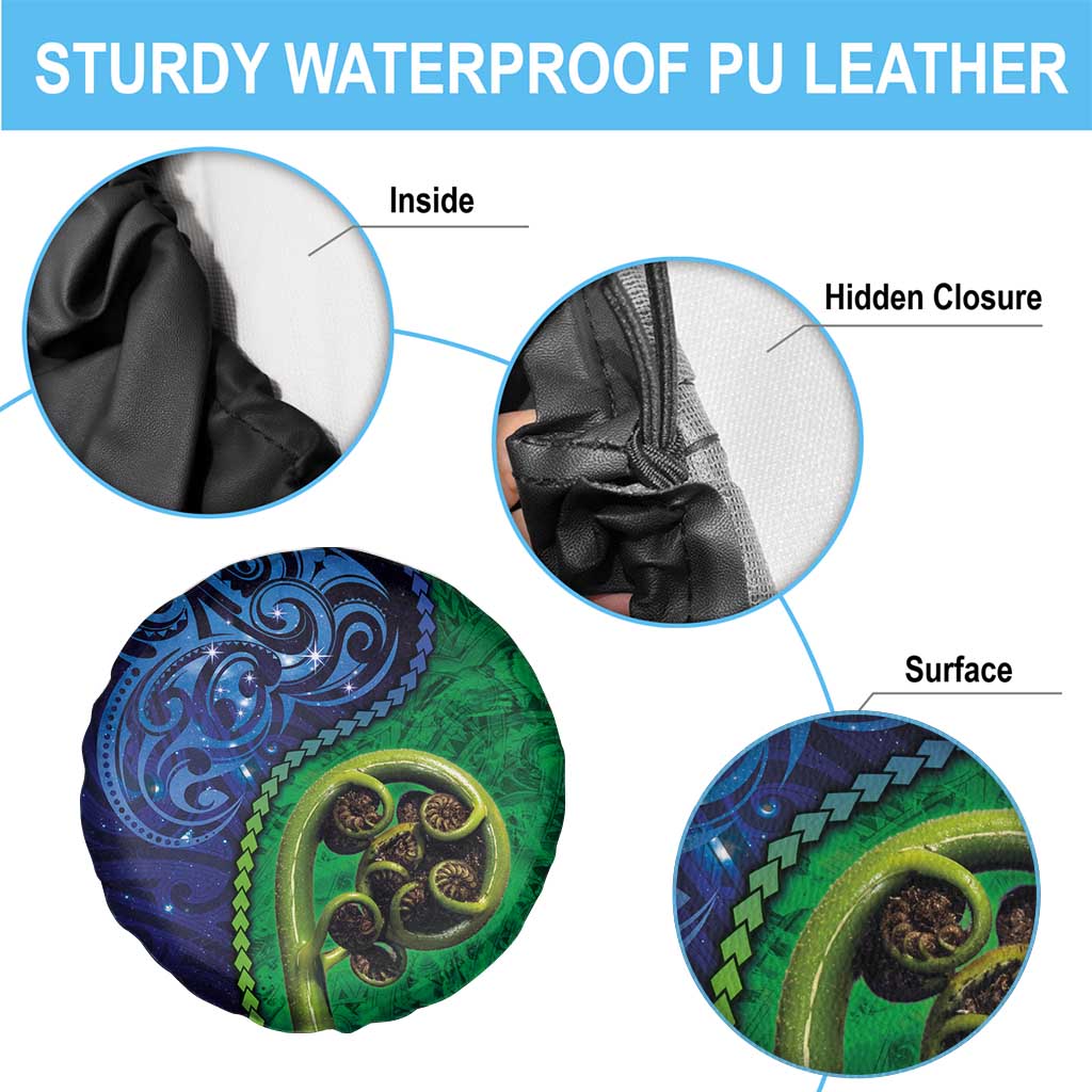 New Zealand Matariki Fern Frond Koru Spare Tire Cover with Galaxy Blue Sky and Green Paua Shell Art LT03 - Polynesian Pride