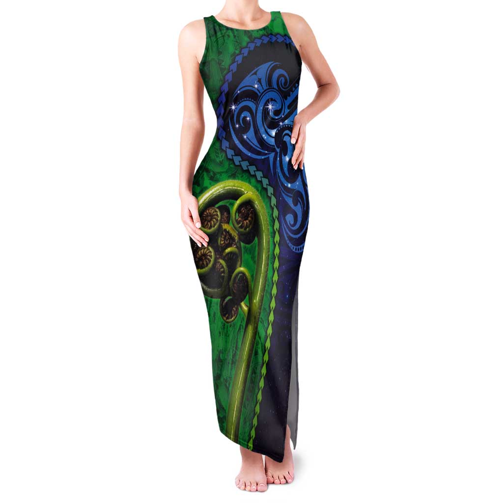 New Zealand Matariki Fern Frond Koru Tank Maxi Dress with Galaxy Blue Sky and Green Paua Shell Art