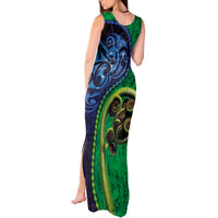 New Zealand Matariki Fern Frond Koru Tank Maxi Dress with Galaxy Blue Sky and Green Paua Shell Art LT03 - Polynesian Pride
