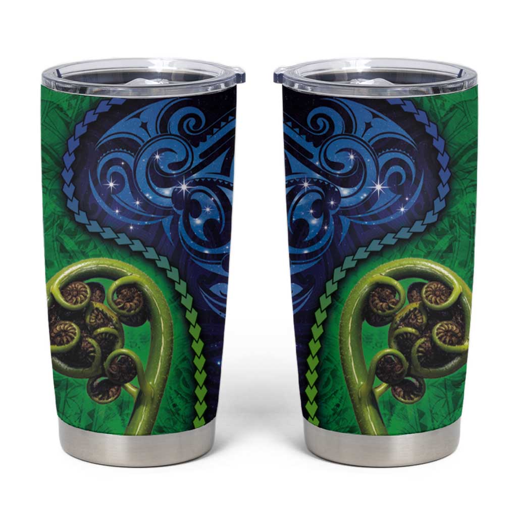 New Zealand Matariki Fern Frond Koru Tumbler Cup with Galaxy Blue Sky and Green Paua Shell Art LT03 Blue - Polynesian Pride