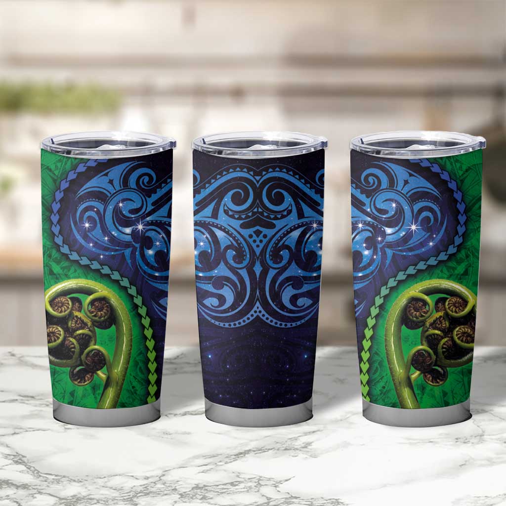 New Zealand Matariki Fern Frond Koru Tumbler Cup with Galaxy Blue Sky and Green Paua Shell Art LT03 - Polynesian Pride