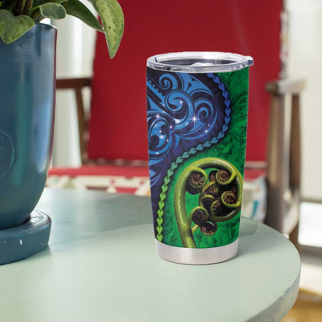 New Zealand Matariki Fern Frond Koru Tumbler Cup with Galaxy Blue Sky and Green Paua Shell Art LT03 - Polynesian Pride