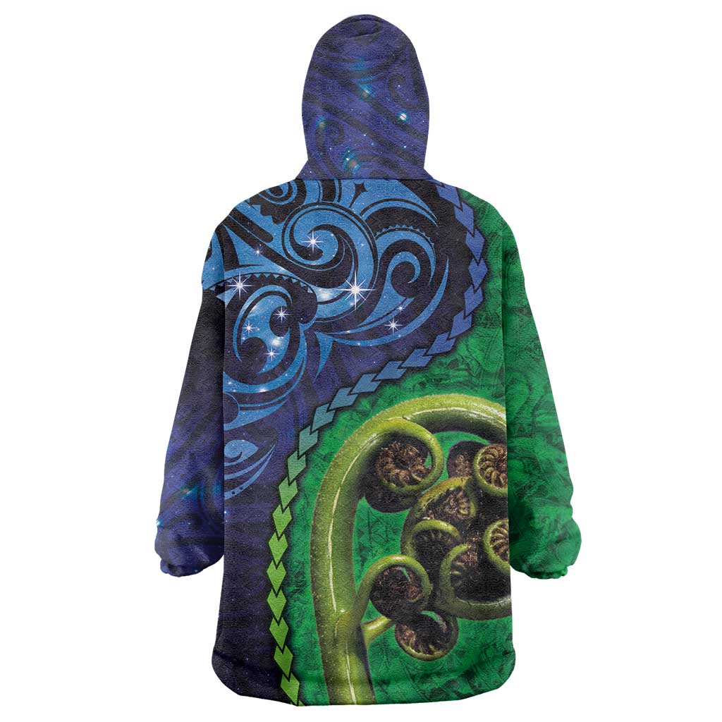 New Zealand Matariki Fern Frond Koru Wearable Blanket Hoodie with Galaxy Blue Sky and Green Paua Shell Art LT03 - Polynesian Pride