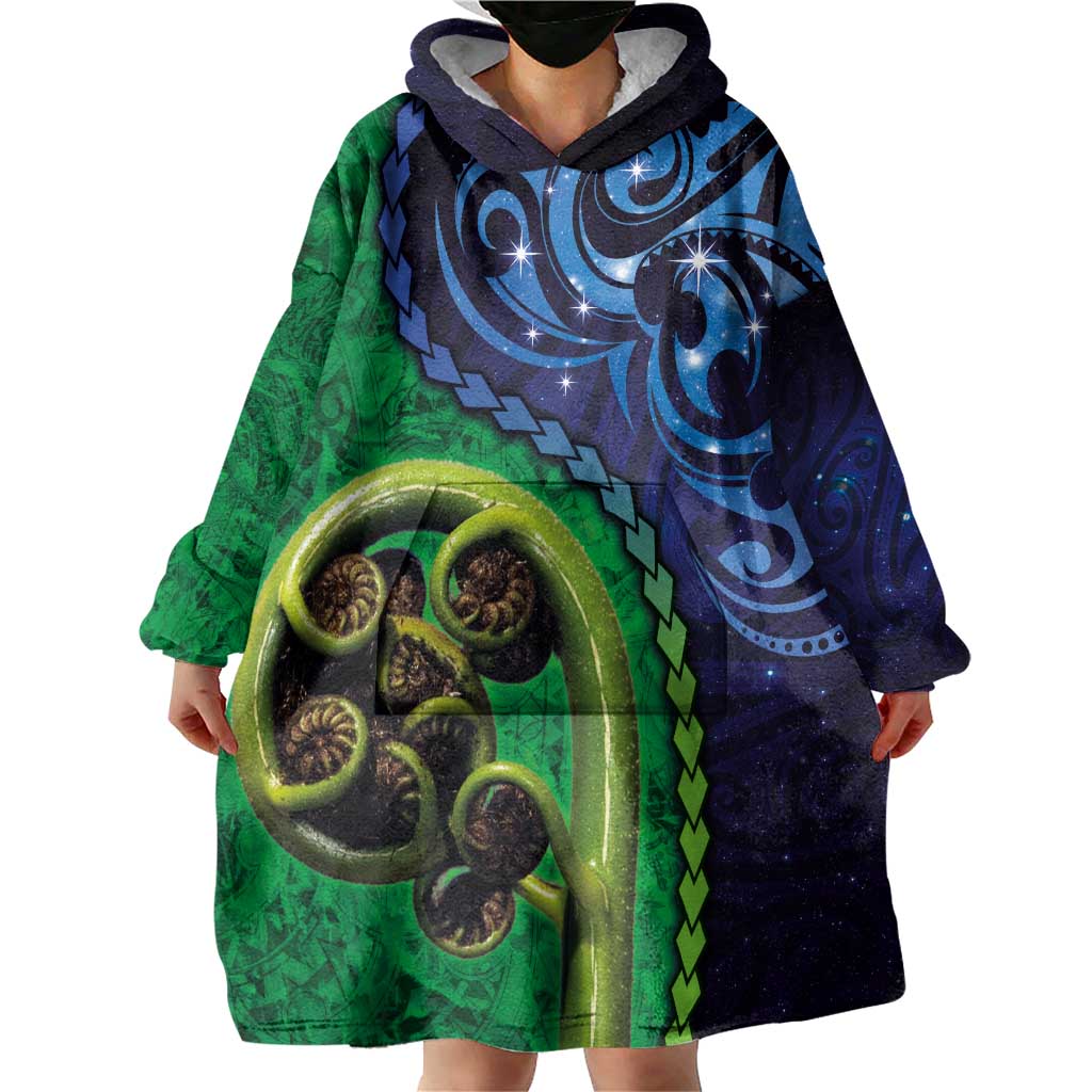 New Zealand Matariki Fern Frond Koru Wearable Blanket Hoodie with Galaxy Blue Sky and Green Paua Shell Art LT03 - Polynesian Pride