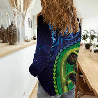 New Zealand Matariki Fern Frond Koru Women Casual Shirt with Galaxy Blue Sky and Green Paua Shell Art LT03 - Polynesian Pride