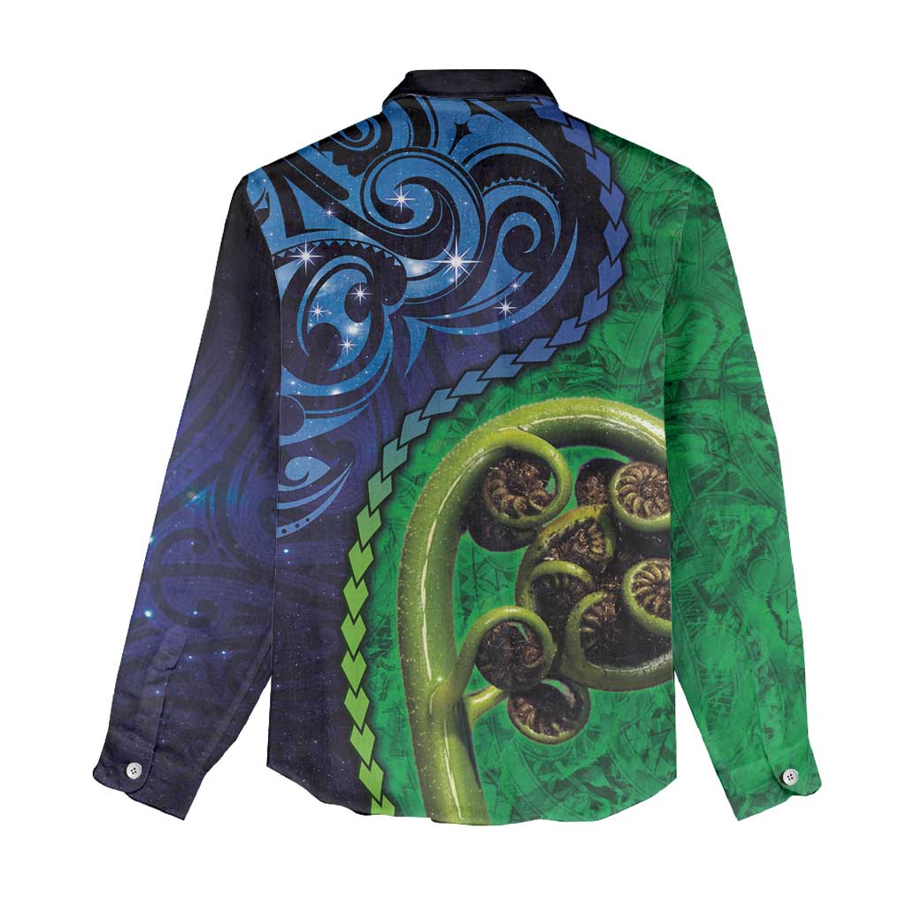 New Zealand Matariki Fern Frond Koru Women Casual Shirt with Galaxy Blue Sky and Green Paua Shell Art LT03 - Polynesian Pride