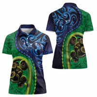New Zealand Matariki Fern Frond Koru Women Polo Shirt with Galaxy Blue Sky and Green Paua Shell Art LT03 - Polynesian Pride
