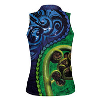 New Zealand Matariki Fern Frond Koru Women Sleeveless Polo Shirt with Galaxy Blue Sky and Green Paua Shell Art LT03 - Polynesian Pride