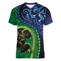 New Zealand Matariki Fern Frond Koru Women V-Neck T-Shirt with Galaxy Blue Sky and Green Paua Shell Art LT03 Female Blue - Polynesian Pride