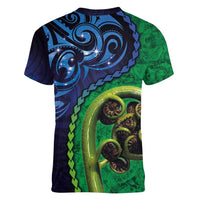 New Zealand Matariki Fern Frond Koru Women V-Neck T-Shirt with Galaxy Blue Sky and Green Paua Shell Art LT03 - Polynesian Pride