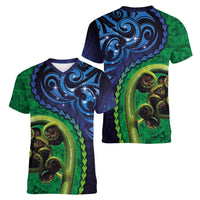 New Zealand Matariki Fern Frond Koru Women V-Neck T-Shirt with Galaxy Blue Sky and Green Paua Shell Art LT03 - Polynesian Pride