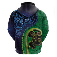 New Zealand Matariki Fern Frond Koru Zip Hoodie with Galaxy Blue Sky and Green Paua Shell Art LT03 - Polynesian Pride