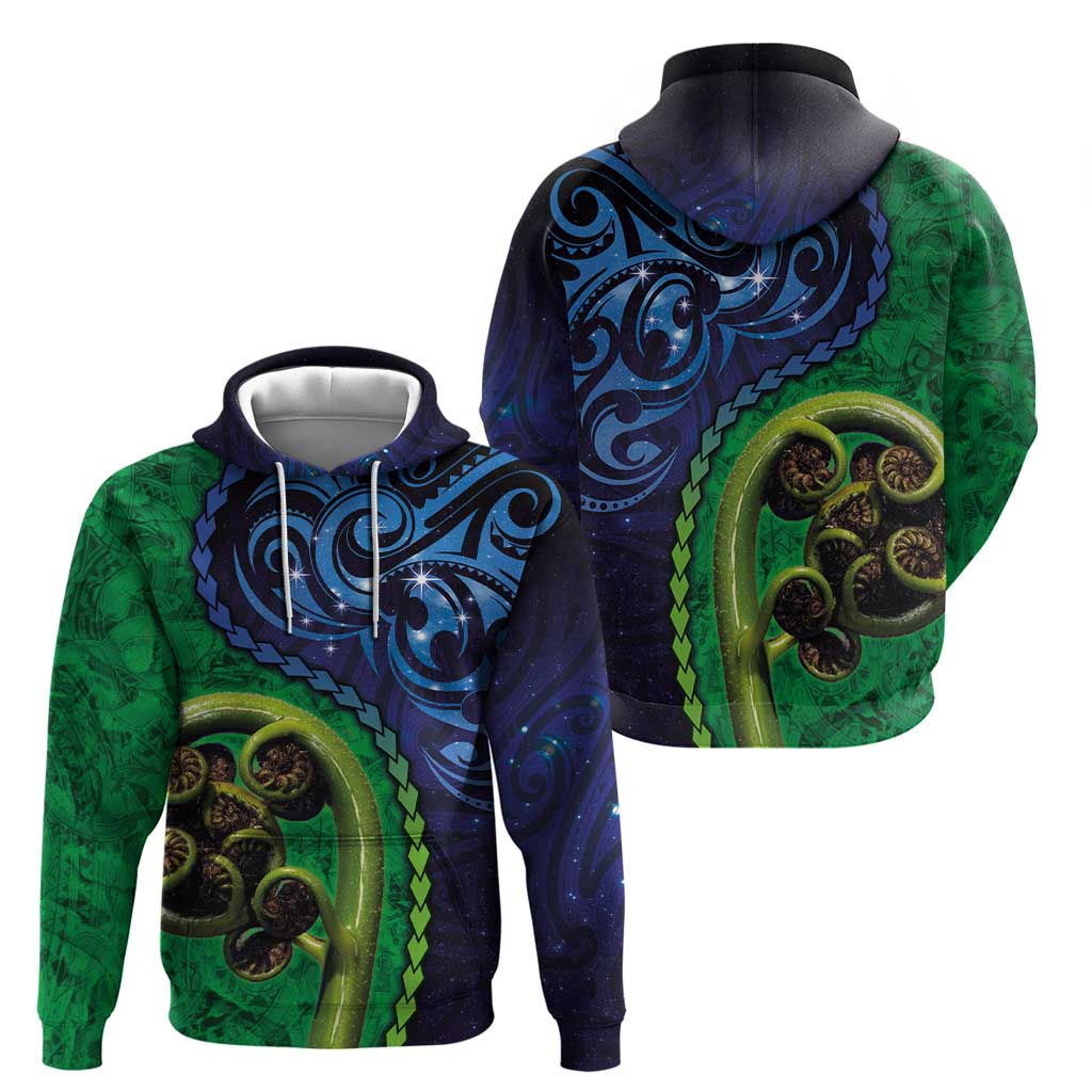 New Zealand Matariki Fern Frond Koru Zip Hoodie with Galaxy Blue Sky and Green Paua Shell Art LT03 - Polynesian Pride