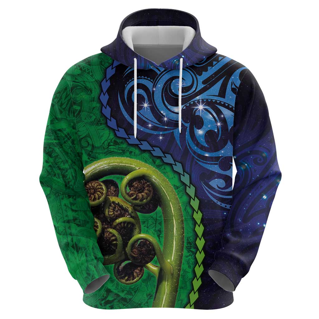 New Zealand Matariki Fern Frond Koru Zip Hoodie with Galaxy Blue Sky and Green Paua Shell Art LT03 - Polynesian Pride