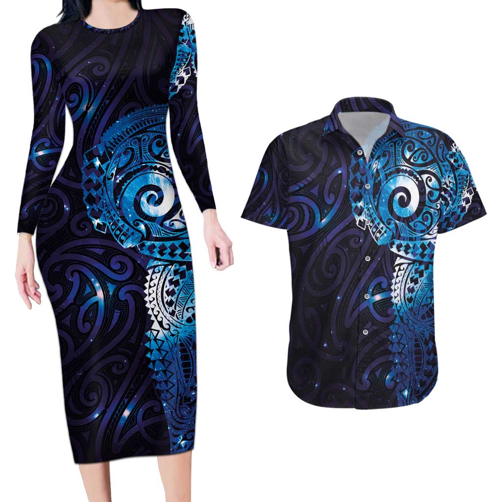 Matariki New Zealand Maori Koru Art Tattoo Couples Matching Long Sleeve Bodycon Dress and Hawaiian Shirt New Year Galaxy Blue Sky Style LT03 Blue - Polynesian Pride
