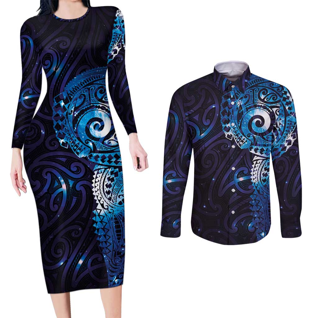 Matariki New Zealand Maori Koru Art Tattoo Couples Matching Long Sleeve Bodycon Dress and Long Sleeve Button Shirt New Year Galaxy Blue Sky Style LT03 Blue - Polynesian Pride