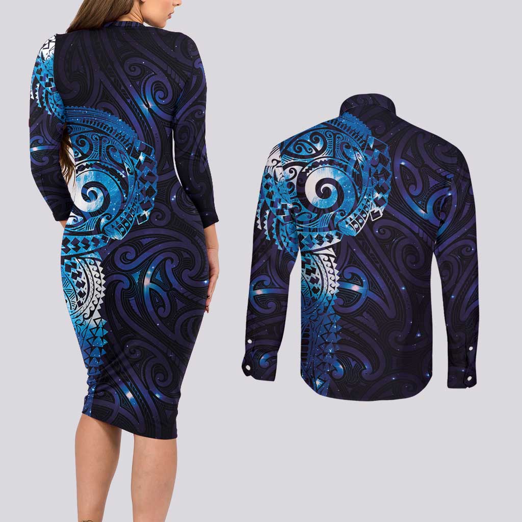Matariki New Zealand Maori Koru Art Tattoo Couples Matching Long Sleeve Bodycon Dress and Long Sleeve Button Shirt New Year Galaxy Blue Sky Style LT03 - Polynesian Pride