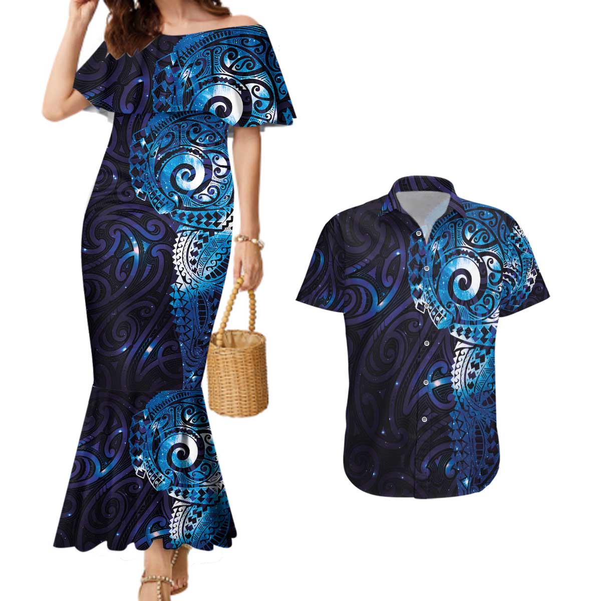 Matariki New Zealand Maori Koru Art Tattoo Couples Matching Mermaid Dress and Hawaiian Shirt New Year Galaxy Blue Sky Style LT03 Blue - Polynesian Pride