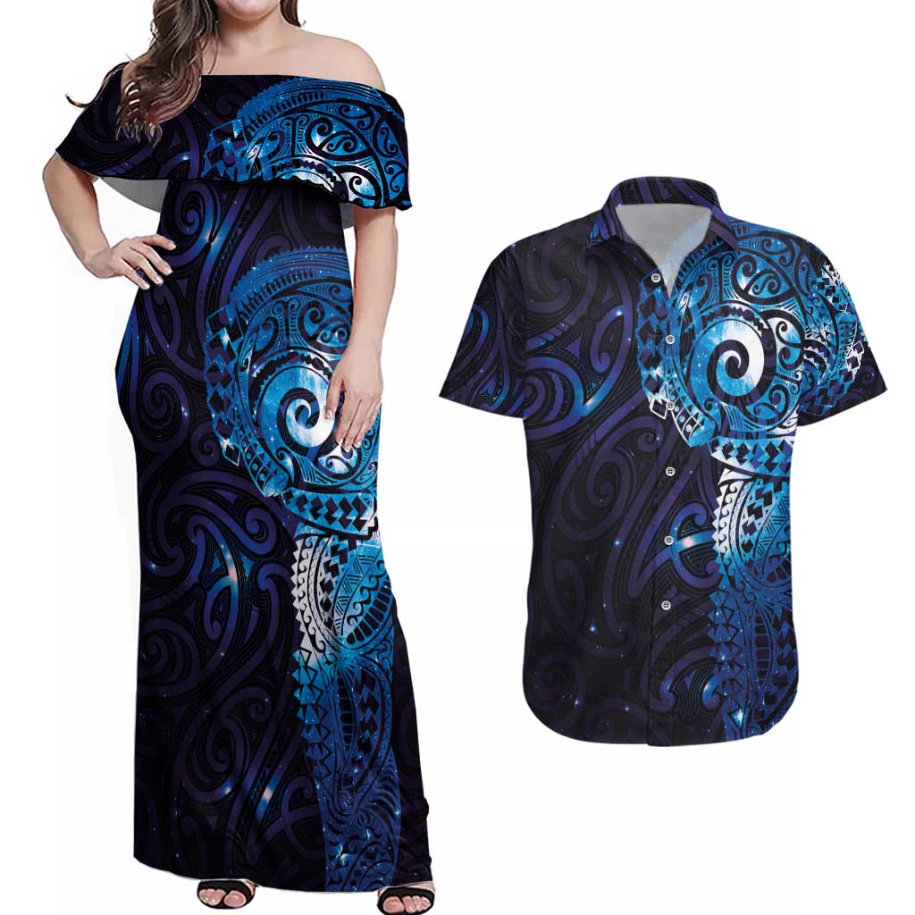Matariki New Zealand Maori Koru Art Tattoo Couples Matching Off Shoulder Maxi Dress and Hawaiian Shirt New Year Galaxy Blue Sky Style LT03 Blue - Polynesian Pride