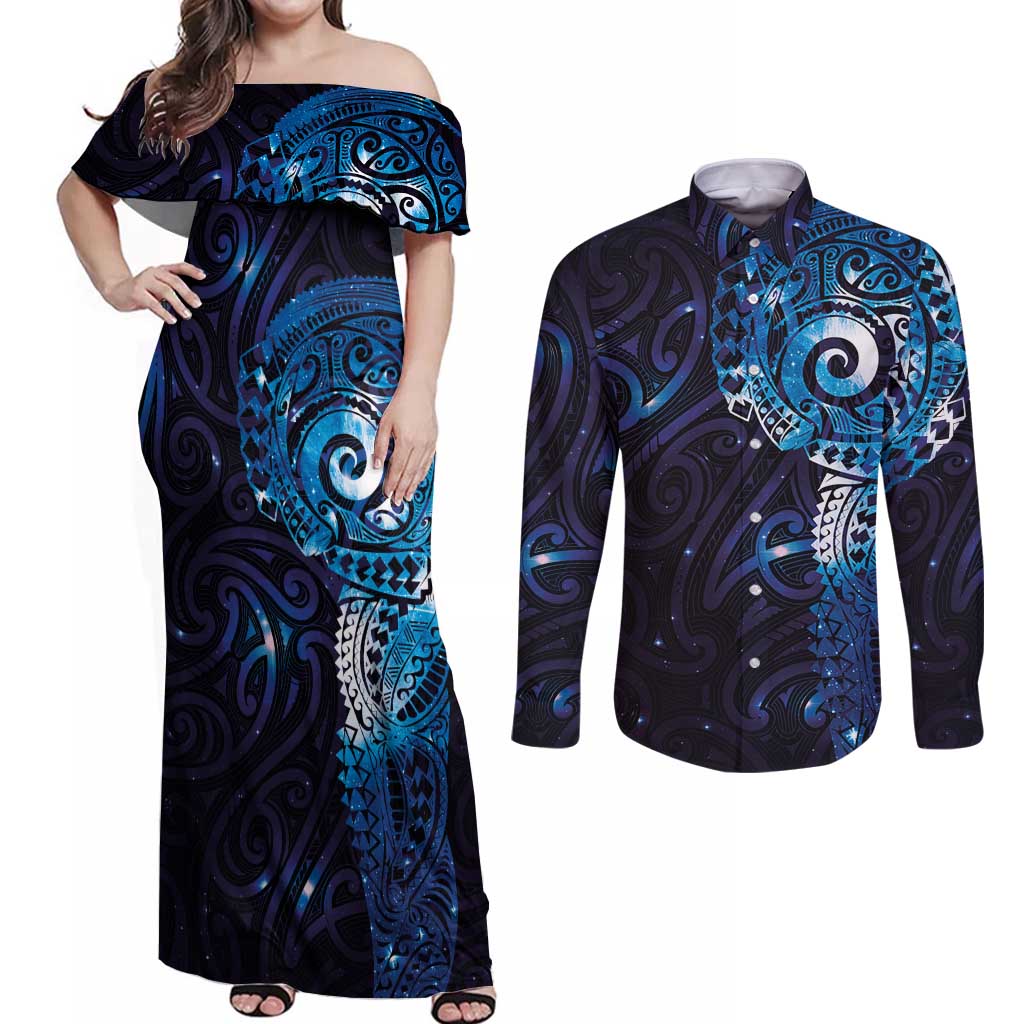 Matariki New Zealand Maori Koru Art Tattoo Couples Matching Off Shoulder Maxi Dress and Long Sleeve Button Shirt New Year Galaxy Blue Sky Style LT03 Blue - Polynesian Pride
