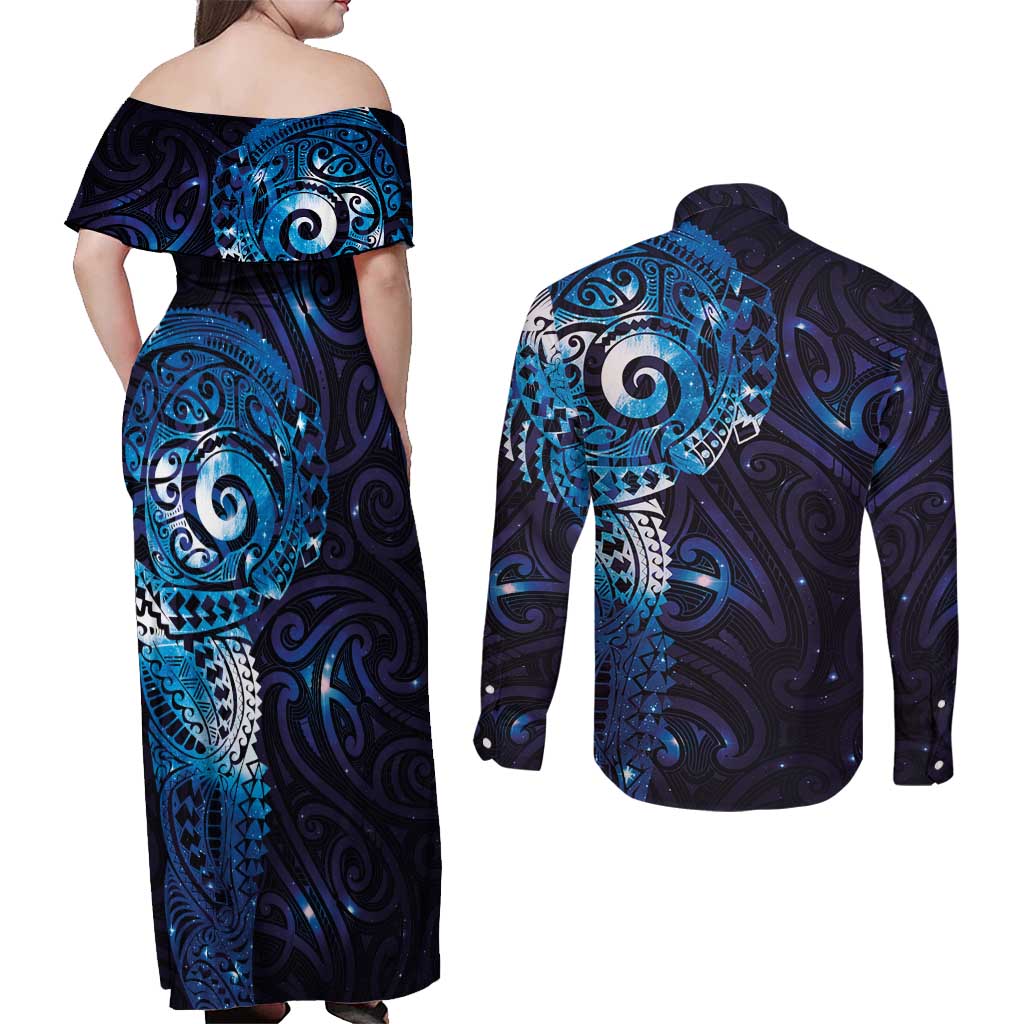 Matariki New Zealand Maori Koru Art Tattoo Couples Matching Off Shoulder Maxi Dress and Long Sleeve Button Shirt New Year Galaxy Blue Sky Style LT03 - Polynesian Pride
