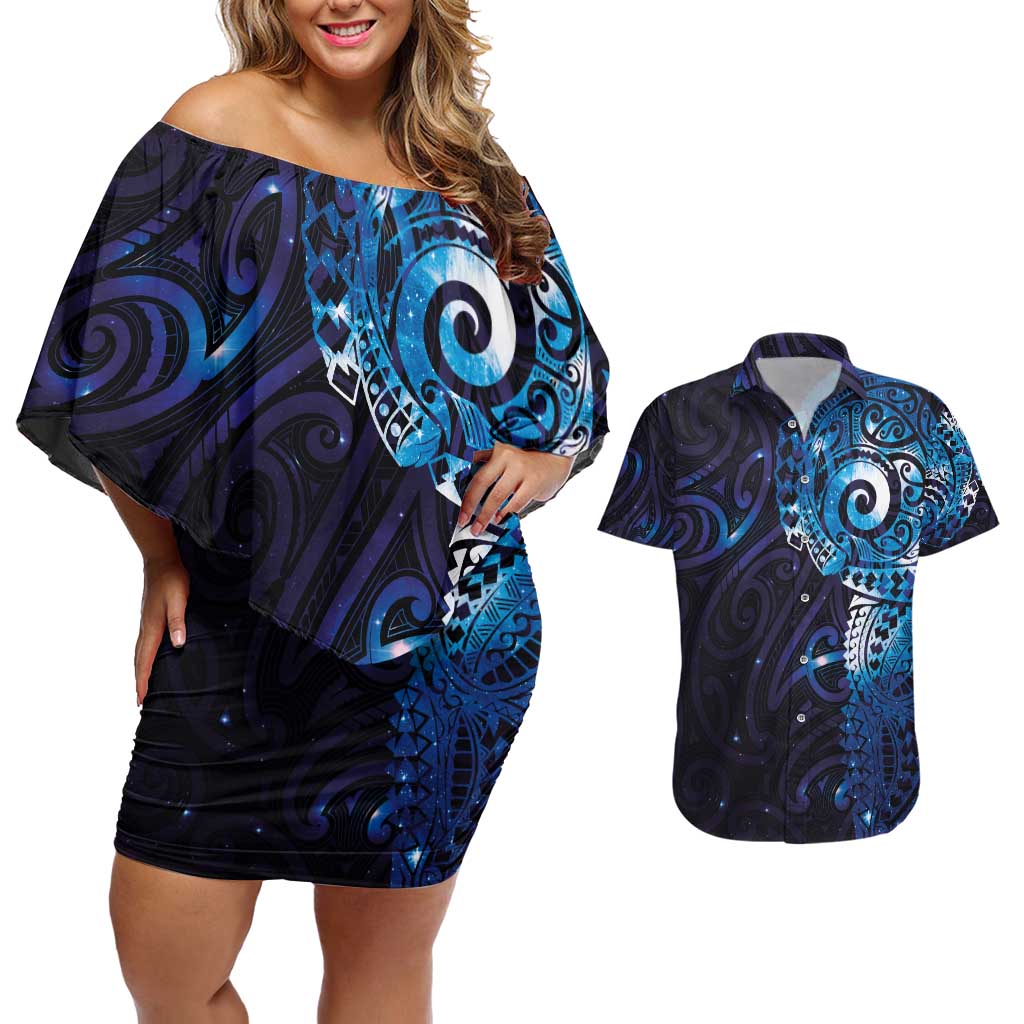 Matariki New Zealand Maori Koru Art Tattoo Couples Matching Off Shoulder Short Dress and Hawaiian Shirt New Year Galaxy Blue Sky Style LT03 Blue - Polynesian Pride