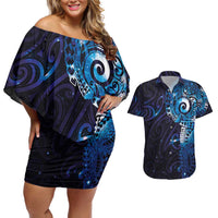 Matariki New Zealand Maori Koru Art Tattoo Couples Matching Off Shoulder Short Dress and Hawaiian Shirt New Year Galaxy Blue Sky Style LT03 Blue - Polynesian Pride