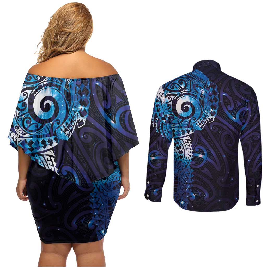 Matariki New Zealand Maori Koru Art Tattoo Couples Matching Off Shoulder Short Dress and Long Sleeve Button Shirt New Year Galaxy Blue Sky Style LT03 - Polynesian Pride