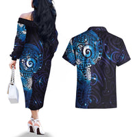 Matariki New Zealand Maori Koru Art Tattoo Couples Matching Off The Shoulder Long Sleeve Dress and Hawaiian Shirt New Year Galaxy Blue Sky Style LT03 - Polynesian Pride