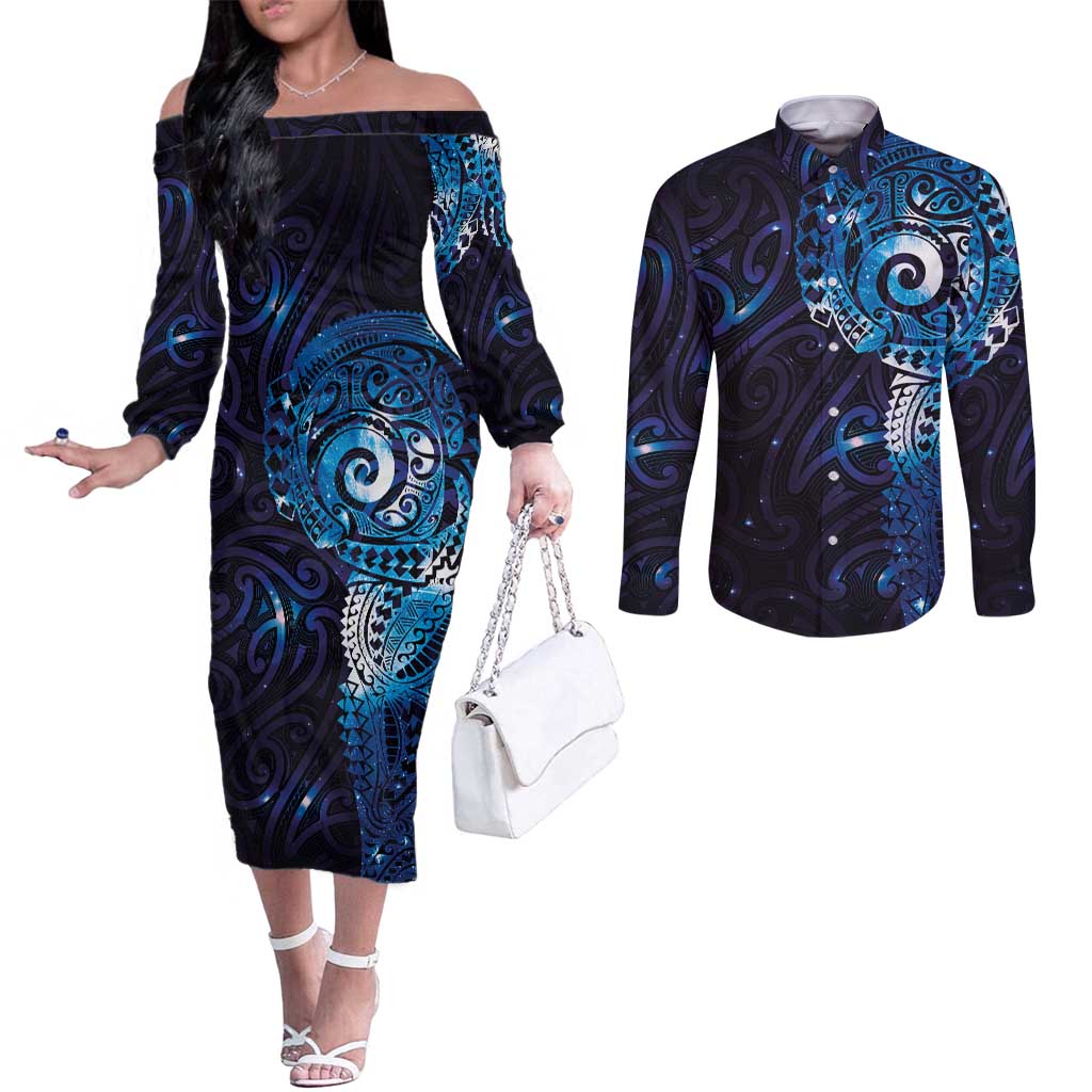 Matariki New Zealand Maori Koru Art Tattoo Couples Matching Off The Shoulder Long Sleeve Dress and Long Sleeve Button Shirt New Year Galaxy Blue Sky Style LT03 Blue - Polynesian Pride