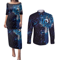 Matariki New Zealand Maori Koru Art Tattoo Couples Matching Puletasi and Long Sleeve Button Shirt New Year Galaxy Blue Sky Style LT03 Blue - Polynesian Pride