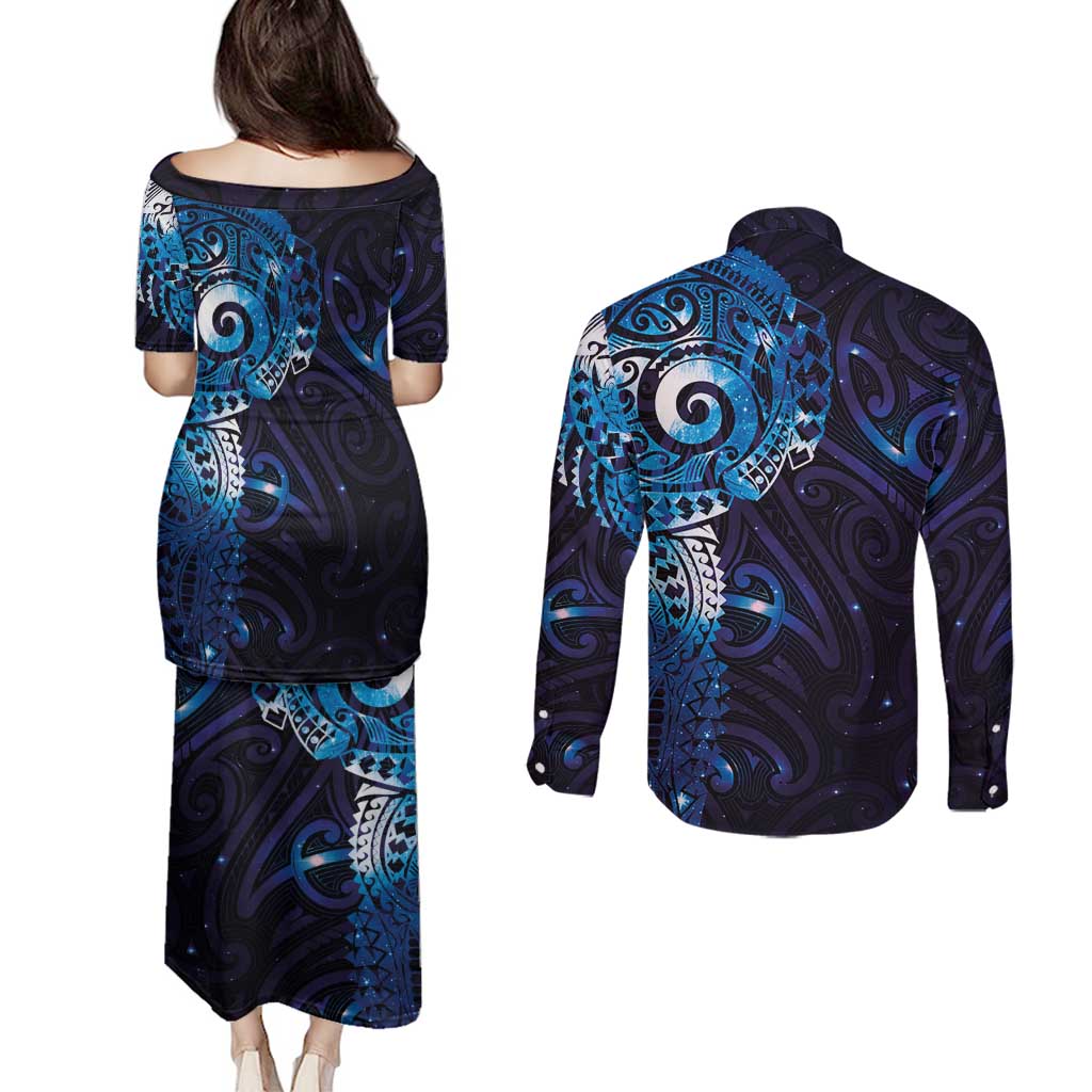 Matariki New Zealand Maori Koru Art Tattoo Couples Matching Puletasi and Long Sleeve Button Shirt New Year Galaxy Blue Sky Style LT03 - Polynesian Pride