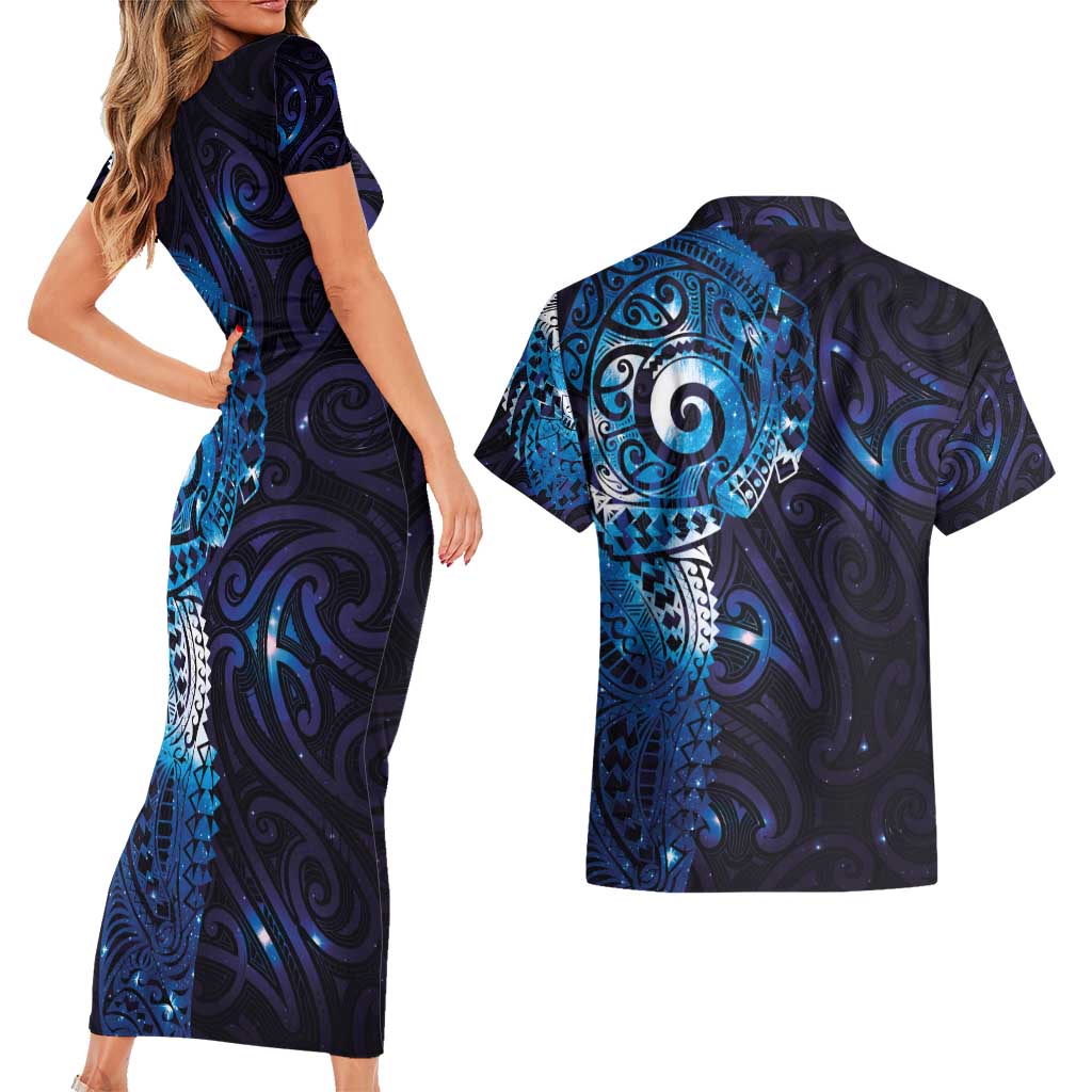 Matariki New Zealand Maori Koru Art Tattoo Couples Matching Short Sleeve Bodycon Dress and Hawaiian Shirt New Year Galaxy Blue Sky Style LT03 - Polynesian Pride
