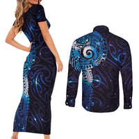Matariki New Zealand Maori Koru Art Tattoo Couples Matching Short Sleeve Bodycon Dress and Long Sleeve Button Shirt New Year Galaxy Blue Sky Style LT03 - Polynesian Pride