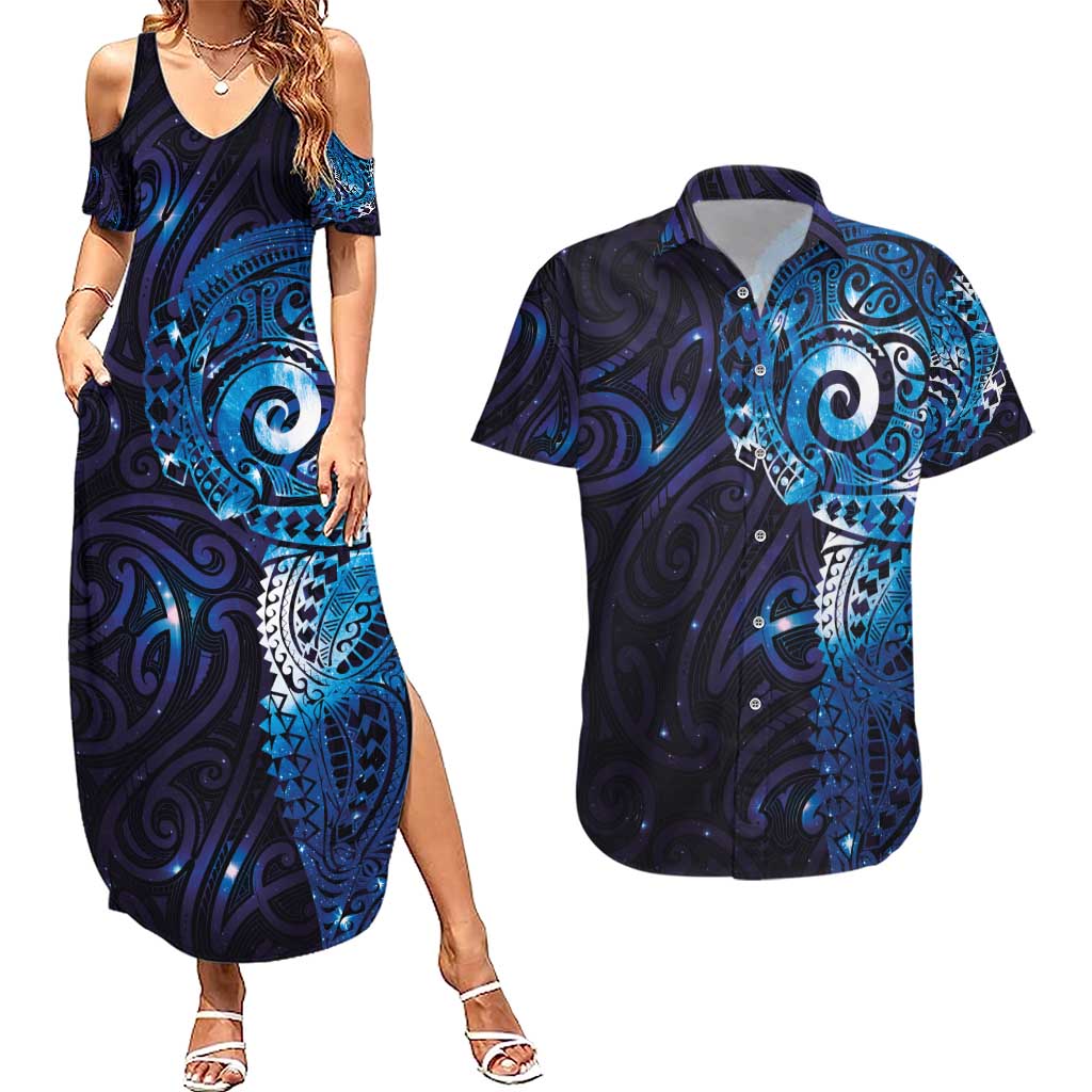 Matariki New Zealand Maori Koru Art Tattoo Couples Matching Summer Maxi Dress and Hawaiian Shirt New Year Galaxy Blue Sky Style LT03 Blue - Polynesian Pride