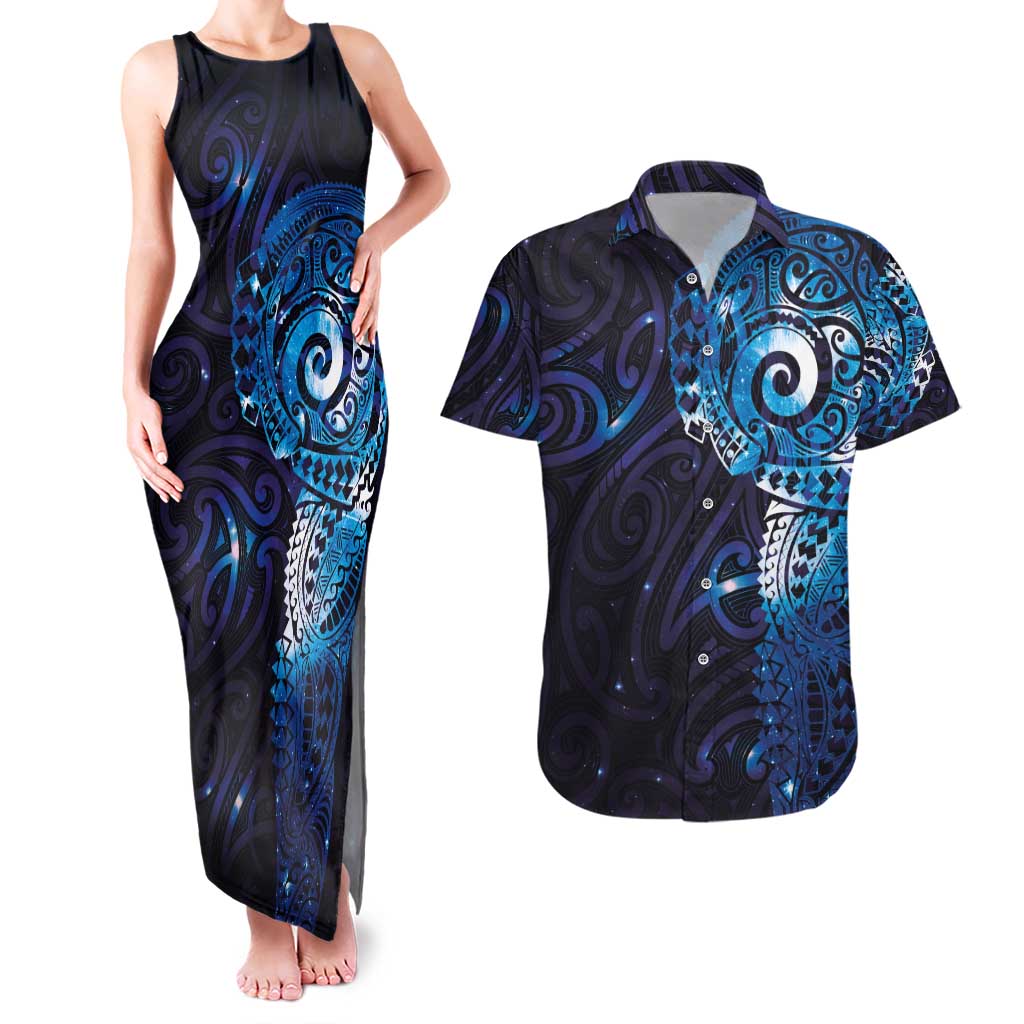 Matariki New Zealand Maori Koru Art Tattoo Couples Matching Tank Maxi Dress and Hawaiian Shirt New Year Galaxy Blue Sky Style LT03 Blue - Polynesian Pride