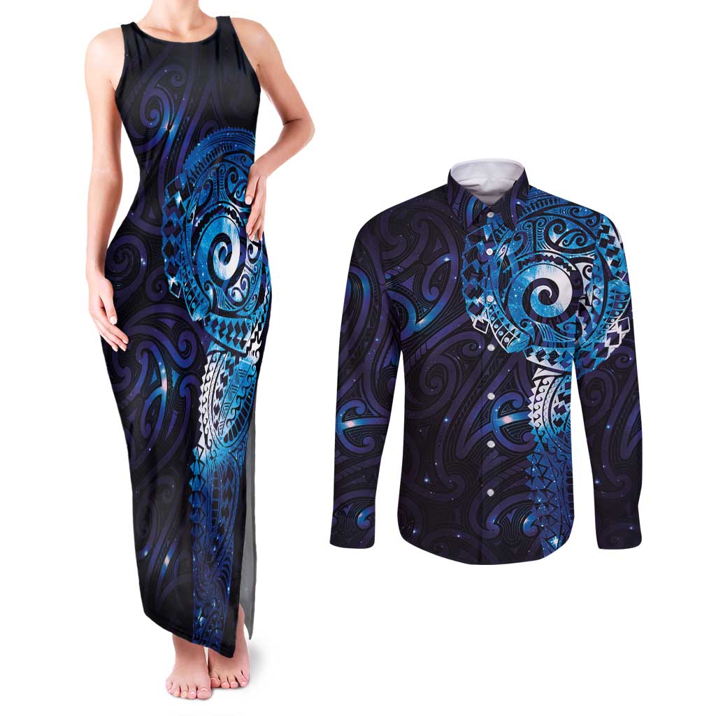 Matariki New Zealand Maori Koru Art Tattoo Couples Matching Tank Maxi Dress and Long Sleeve Button Shirt New Year Galaxy Blue Sky Style LT03 Blue - Polynesian Pride