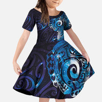 Matariki New Zealand Maori Koru Art Tattoo Family Matching Long Sleeve Bodycon Dress and Hawaiian Shirt New Year Galaxy Blue Sky Style LT03 Daughter's Dress Blue - Polynesian Pride
