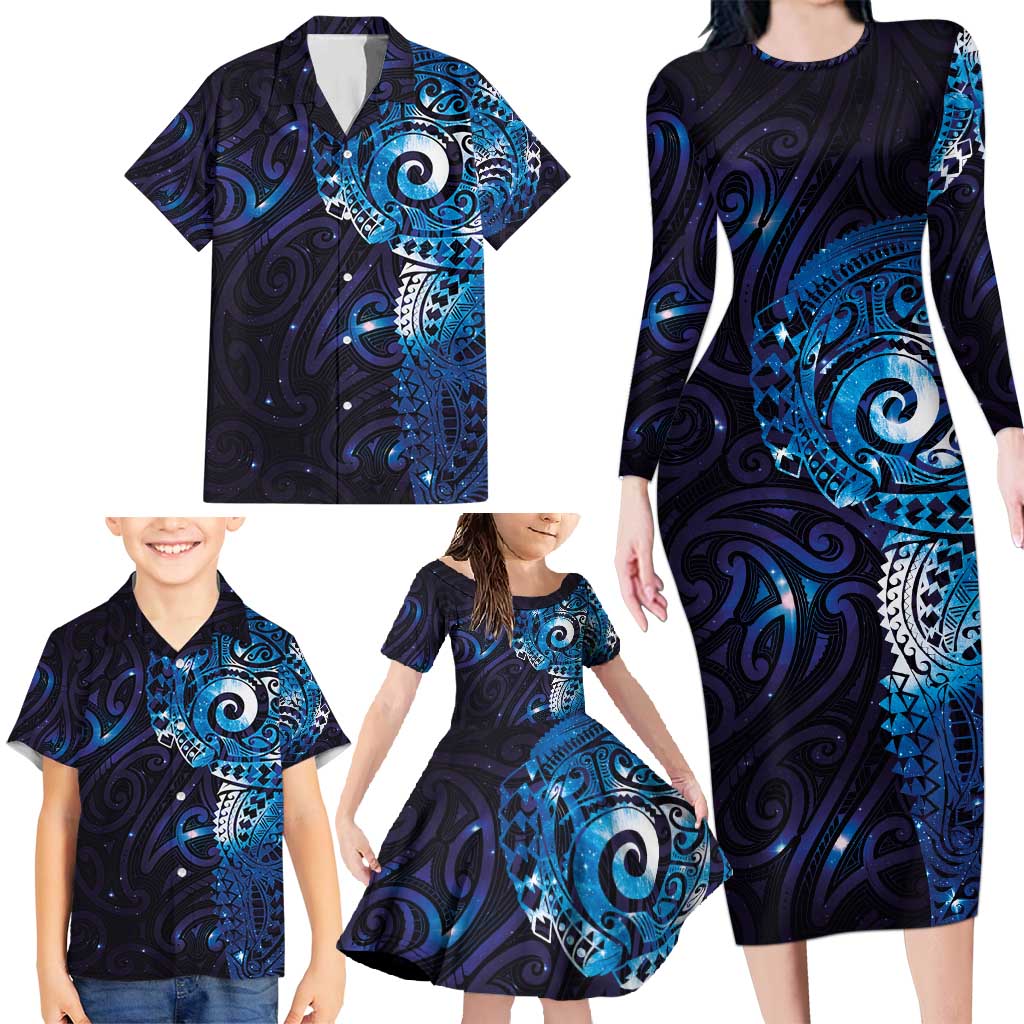 Matariki New Zealand Maori Koru Art Tattoo Family Matching Long Sleeve Bodycon Dress and Hawaiian Shirt New Year Galaxy Blue Sky Style LT03 - Polynesian Pride
