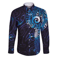 Matariki New Zealand Maori Koru Art Tattoo Family Matching Off Shoulder Maxi Dress and Hawaiian Shirt New Year Galaxy Blue Sky Style LT03 Dad's Shirt - Long Sleeve Blue - Polynesian Pride