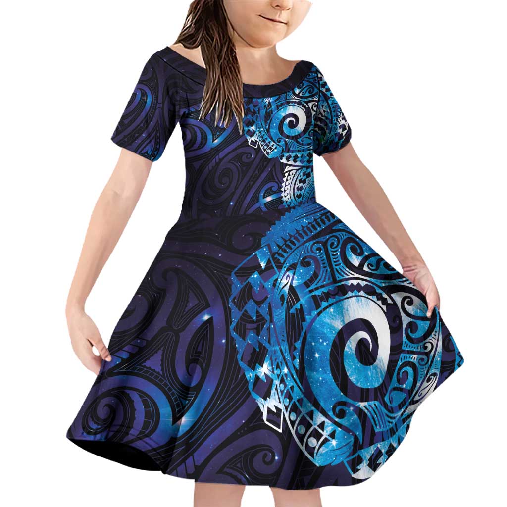 Matariki New Zealand Maori Koru Art Tattoo Family Matching Off Shoulder Short Dress and Hawaiian Shirt New Year Galaxy Blue Sky Style LT03 Daughter's Dress Blue - Polynesian Pride