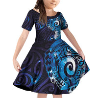 Matariki New Zealand Maori Koru Art Tattoo Family Matching Off Shoulder Short Dress and Hawaiian Shirt New Year Galaxy Blue Sky Style LT03 Daughter's Dress Blue - Polynesian Pride