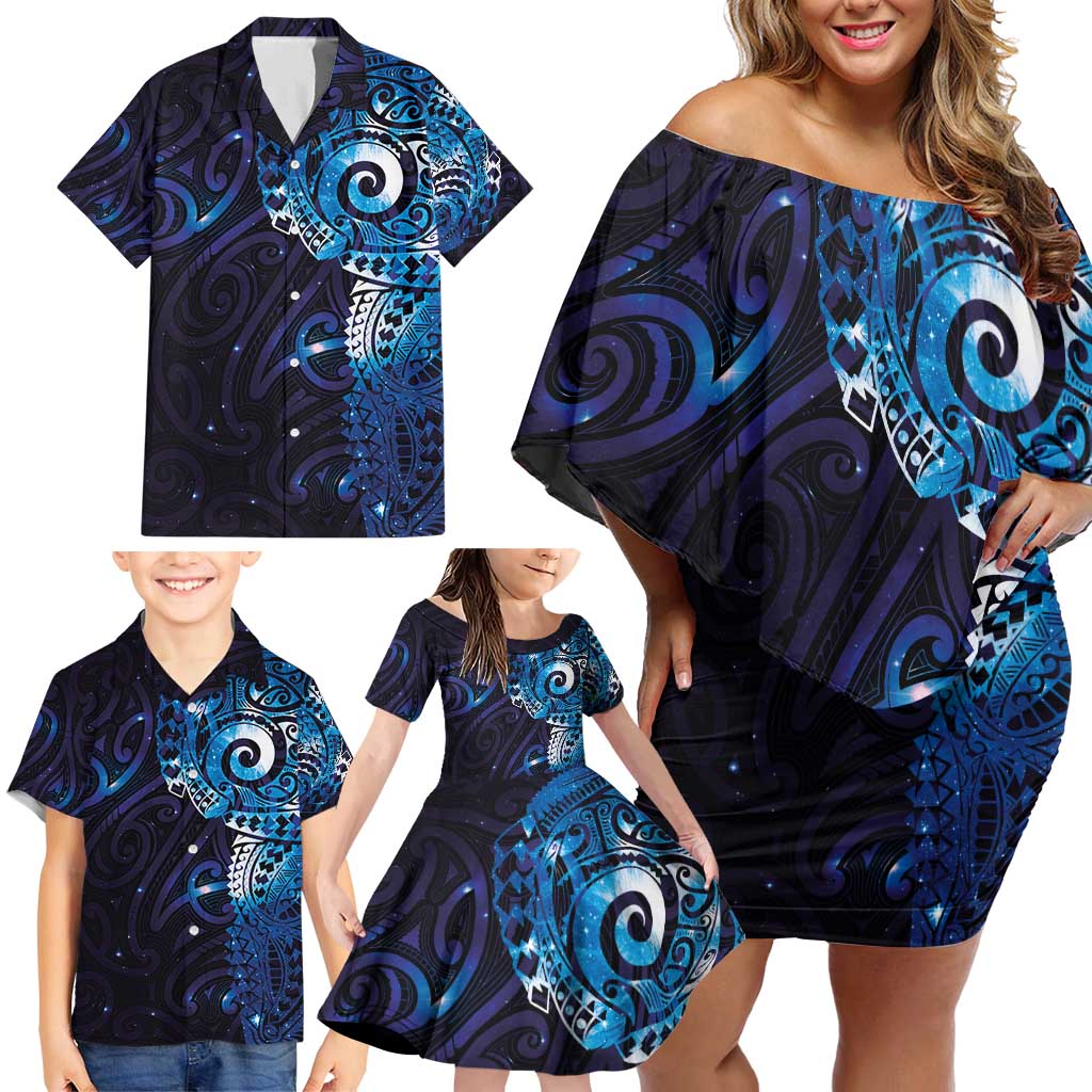 Matariki New Zealand Maori Koru Art Tattoo Family Matching Off Shoulder Short Dress and Hawaiian Shirt New Year Galaxy Blue Sky Style LT03 - Polynesian Pride