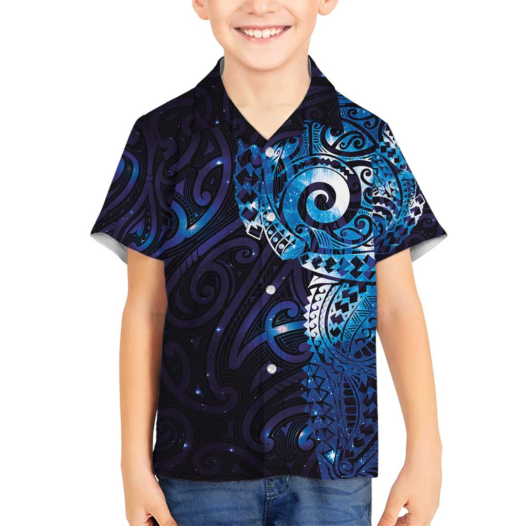 Matariki New Zealand Maori Koru Art Tattoo Family Matching Off Shoulder Short Dress and Hawaiian Shirt New Year Galaxy Blue Sky Style LT03 Son's Shirt Blue - Polynesian Pride