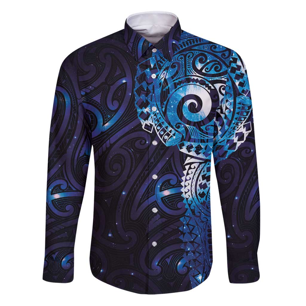 Matariki New Zealand Maori Koru Art Tattoo Family Matching Puletasi and Hawaiian Shirt New Year Galaxy Blue Sky Style LT03 Dad's Shirt - Long Sleeve Blue - Polynesian Pride