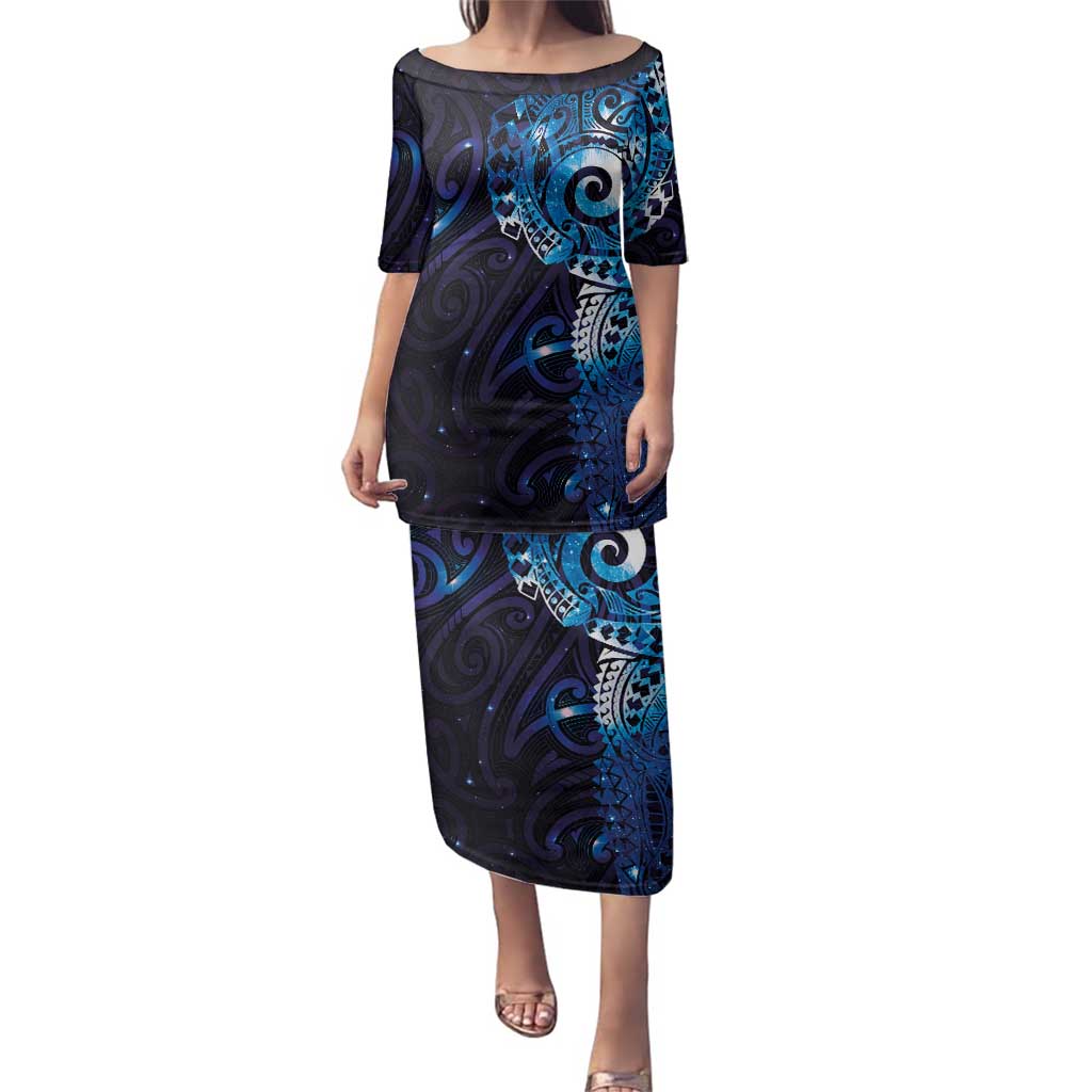 Matariki New Zealand Maori Koru Art Tattoo Family Matching Puletasi and Hawaiian Shirt New Year Galaxy Blue Sky Style LT03 Mom's Dress Blue - Polynesian Pride