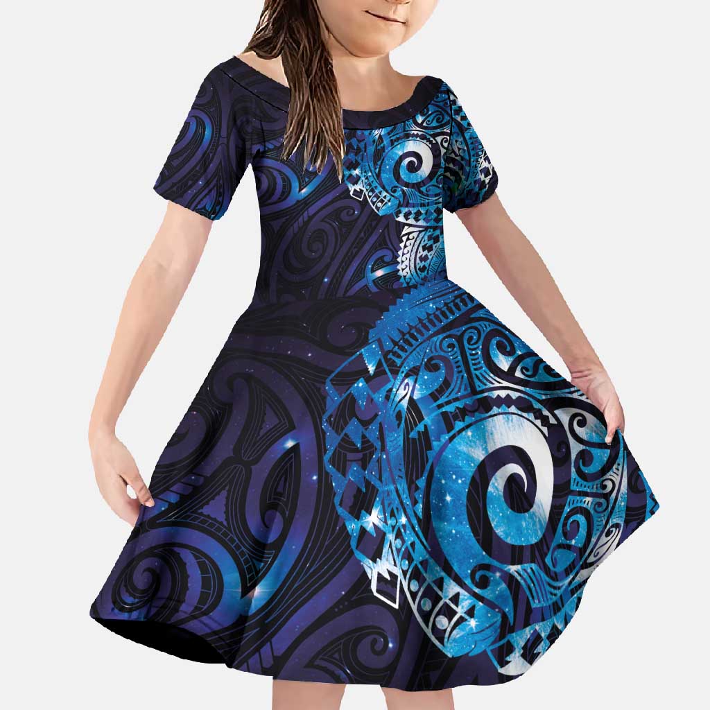 Matariki New Zealand Maori Koru Art Tattoo Family Matching Summer Maxi Dress and Hawaiian Shirt New Year Galaxy Blue Sky Style LT03 Daughter's Dress Blue - Polynesian Pride
