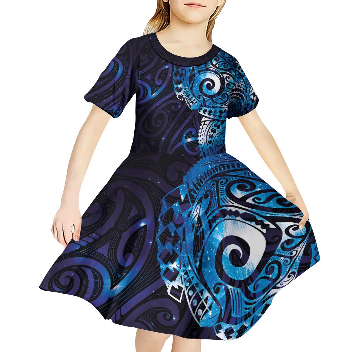 Matariki New Zealand Maori Koru Art Tattoo Kid Short Sleeve Dress New Year Galaxy Blue Sky Style LT03 - Polynesian Pride