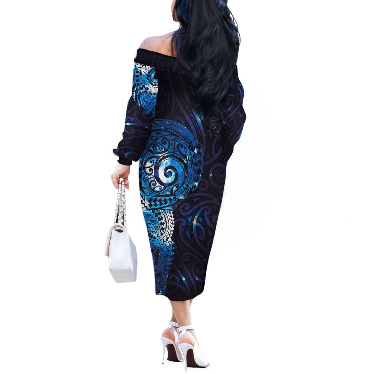 Matariki New Zealand Maori Koru Art Tattoo Off The Shoulder Long Sleeve Dress New Year Galaxy Blue Sky Style LT03 - Polynesian Pride